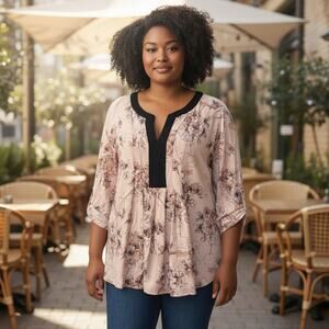 DR2 Floral Top Womens Size 2X  Blush Peach & Black Relaxed Pullover Blouse